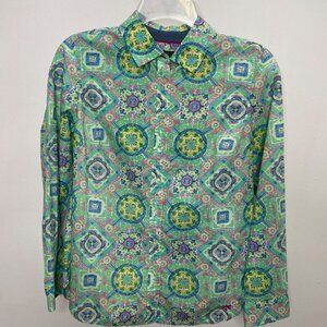 Talbots Green Artsy Shirt Size Small Petite Long‎ Sleeve Cotton kaleidoscope